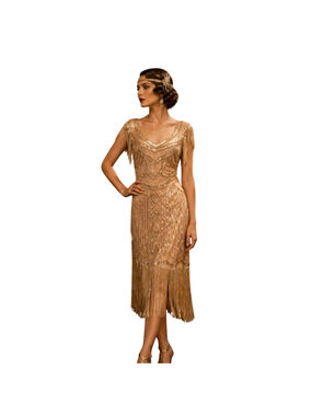 Babeyond Gold Sequin Fringe Flapper Dress Art Deco Gatsby 1920s Size L NWT